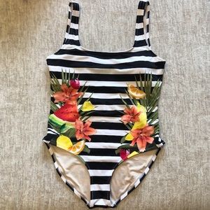 Joe Fresh Black & White Stripes Tropical Fruits One Piece Swimsuit Sz M